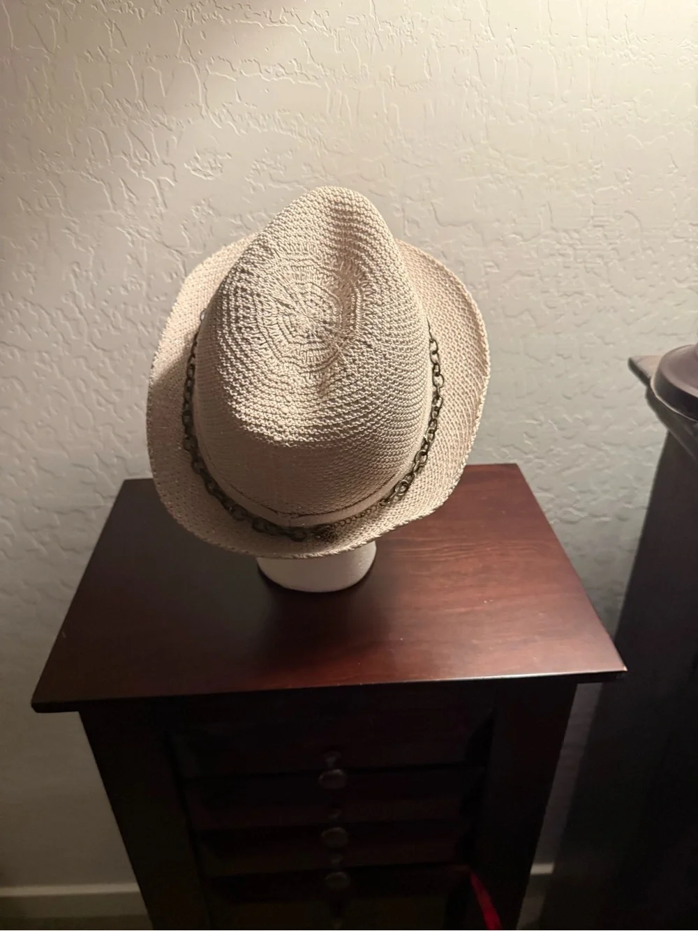 Straw Fedora Hat with Silver Decorative Band - Beige